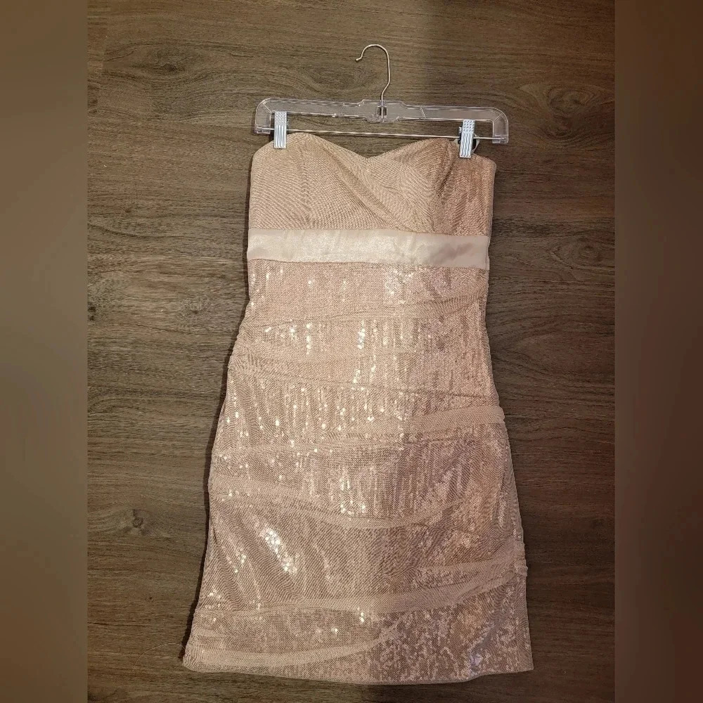 B Darlin Strapless Mini Dress Juniors 7 Beige Sparkle Goddess Prom Party Wedding
